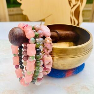 Handmade Floral & Canadian Jade Rhodochrosite Sunstone Bracelet Stack 4pcs